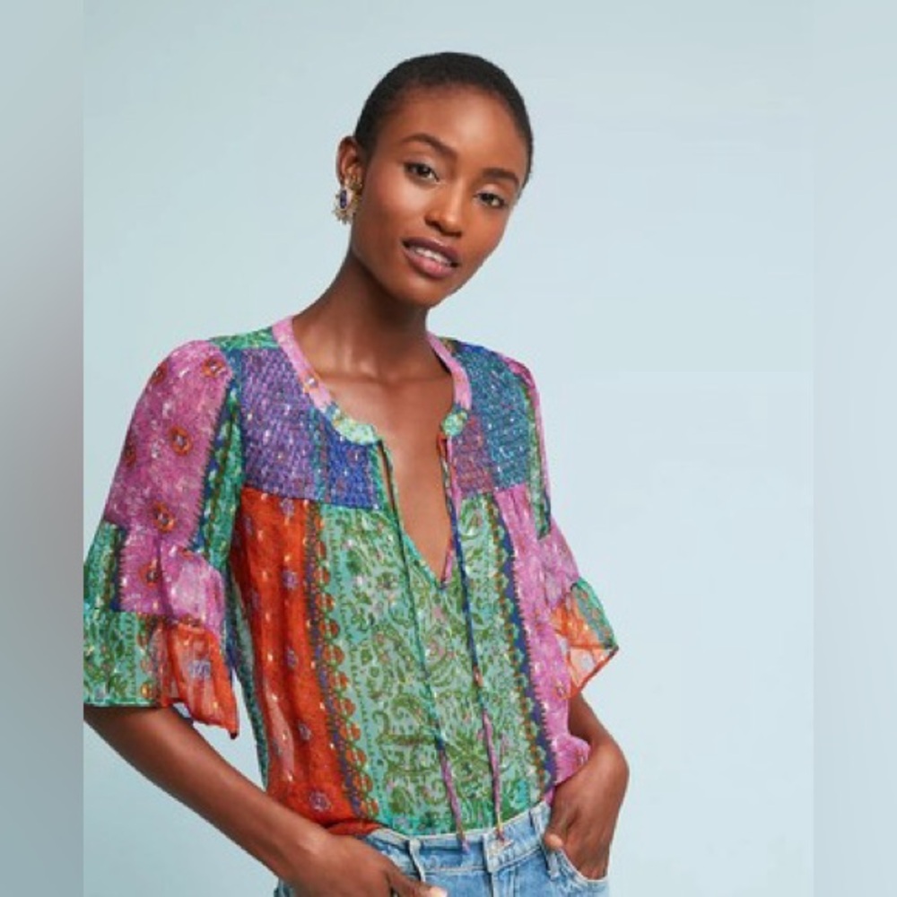 Anthropologie Multicolor Patchwork Floral Peasant Blouse